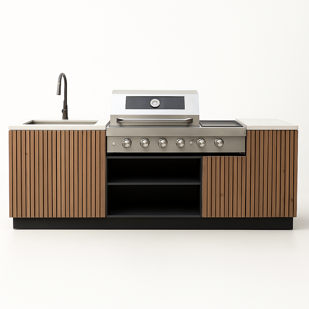Outdoor Kitchen Built for Backyard Entertaining, Six-Burner Grill, Teak Wood Panels, Stainless Steel Worktop