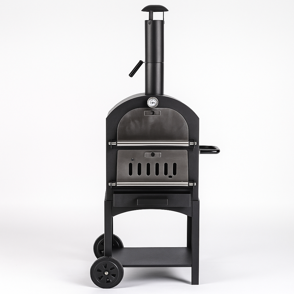 Wood-Fired Pizza Oven Built to Reach 450°C Fast, Compact 33cm Cordierite Stone, Wheeled Cart, Dual Doors