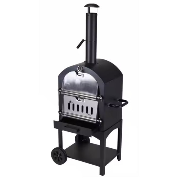 Wood-Fired Pizza Oven Built to Reach 450°C Fast, Compact 33cm Cordierite Stone, Wheeled Cart, Dual Doors