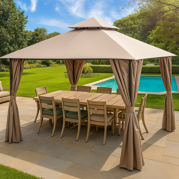 Outdoor Canopy Gazebo Built for All-Weather Entertaining, 12x12 Double-Tier Vented Roof, Privacy Curtains, UV Protection