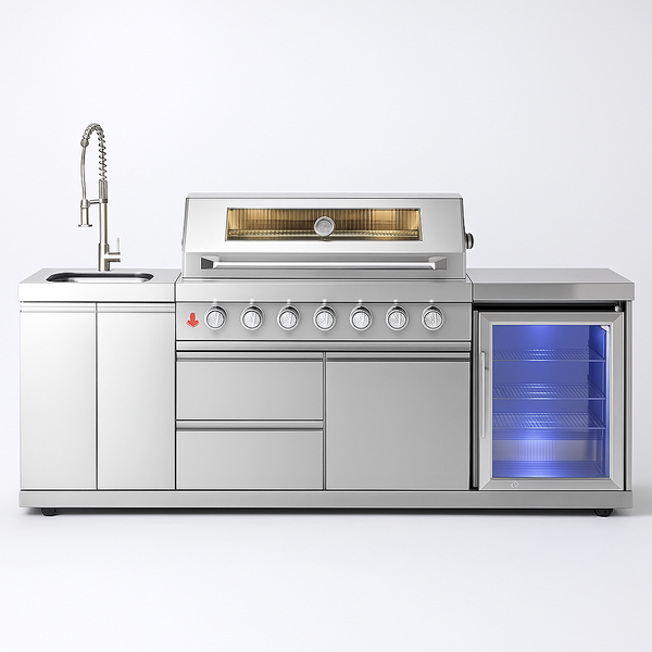 Outdoor Kitchen Built for Professional Entertaining, Six-Burner Grill, Illuminated Refrigerator, Marine-Grade Steel