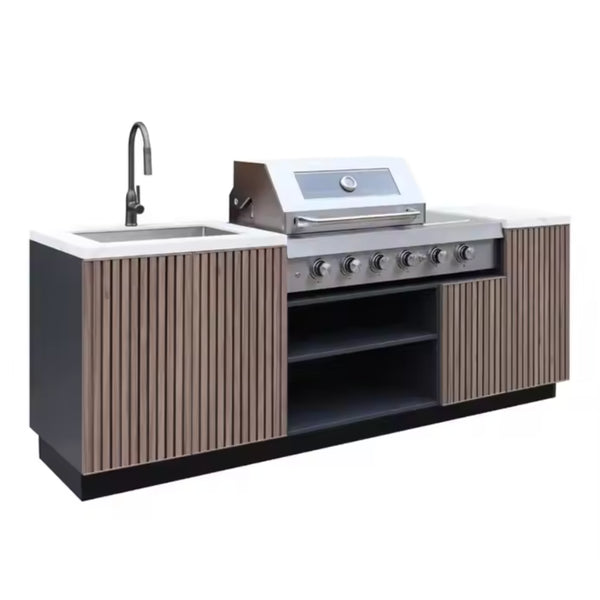 Outdoor Kitchen Built for Backyard Entertaining, Six-Burner Grill, Teak Wood Panels, Stainless Steel Worktop