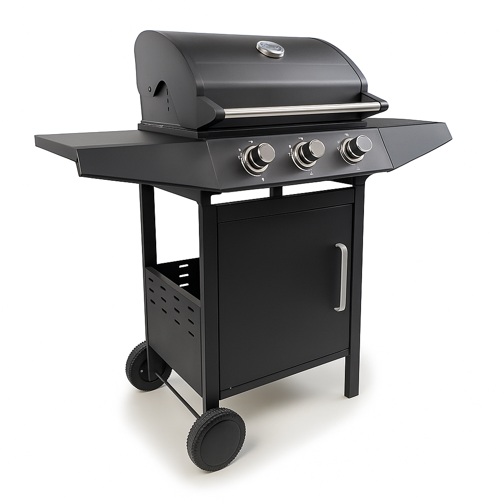 3-Burner Gas Grill Built for Outdoor Excellence, Cast-Iron Grates, Porcelain Hood, Enclosed Cart Storage