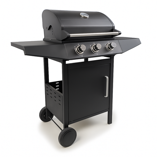 3-Burner Gas Grill Built for Outdoor Excellence, Cast-Iron Grates, Porcelain Hood, Enclosed Cart Storage