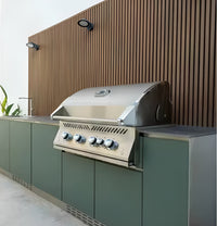 Outdoor Kitchen Island Designed for Compact Spaces, Stainless Steel Counter, Four-Burner Grill, 10 Feet