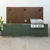 Outdoor Kitchen Island Designed for Compact Spaces, Stainless Steel Counter, Four-Burner Grill, 10 Feet