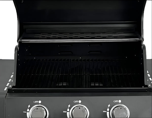 3-Burner Gas Grill Built for Outdoor Excellence, Cast-Iron Grates, Porcelain Hood, Enclosed Cart Storage