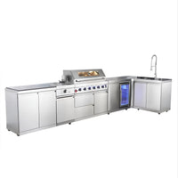 Outdoor Kitchen Built for Professional Entertaining, Six-Burner Grill, Illuminated Refrigerator, Marine-Grade Steel