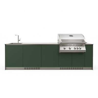 Outdoor Kitchen Island Designed for Compact Spaces, Stainless Steel Counter, Four-Burner Grill, 10 Feet
