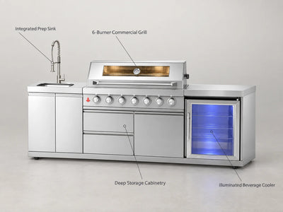 Outdoor Kitchen Built for Professional Entertaining, Six-Burner Grill, Illuminated Refrigerator, Marine-Grade Steel